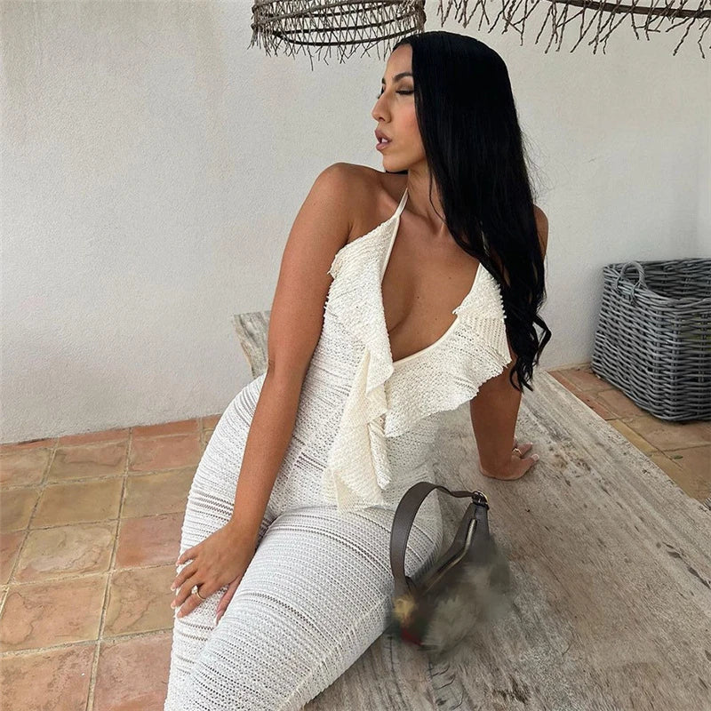Ruffled Deep V Backless Jumpsuits Women Elegant Sexy White One Piece Jumpsuit 2024 Summer Vacation Outfits