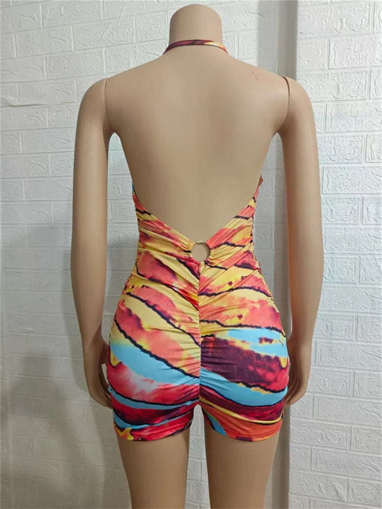 Halter Striped Print Playsuit Women Sexy Summer Colorful Hollow Bandage Backless Sleeveless Stretch Streetwear Romper