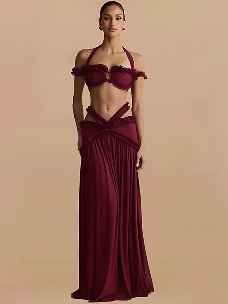 Women 2 Piece Maxi Skirt Set Halter Off Shoulder Ruffle Crop Top And Long Skirt Elegant Evening Party Matching Outfit