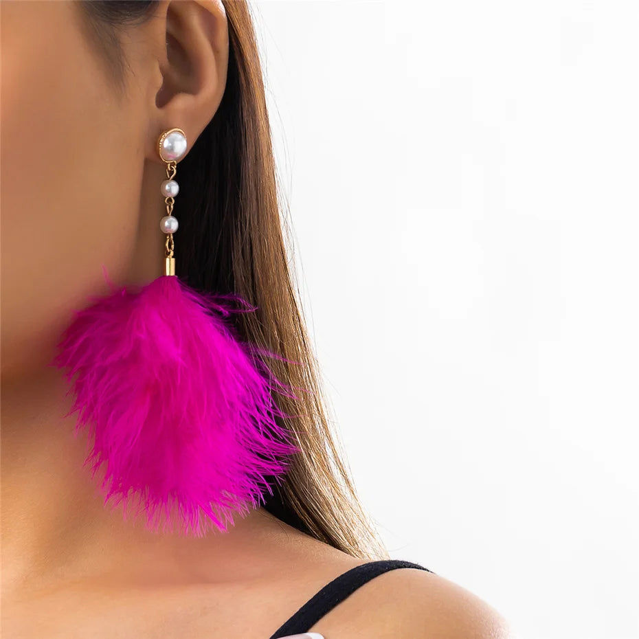 Romantic Long Tassel Fluffy Feather Drop Earrings for Women Wed Elegant Boho Imitation Pearl Dangle Earring Y2K Jewelry