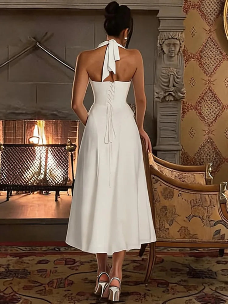 Women Halter Deep V Neck Sexy Midi Dress Pleated Bust Flared A‑Line Long Dress Elegant Evening Party Prom Dresses