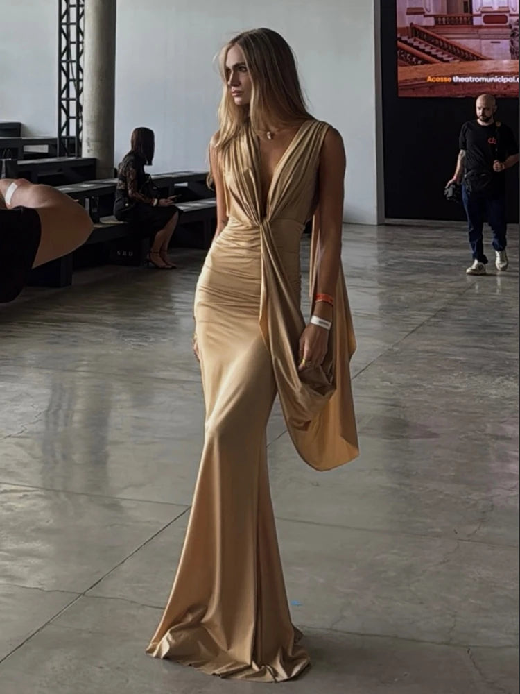 Ribbon Decoration Long Dresses Woman Ruched Elegant Deep V-Neck Sleeveless Backless Street Solid Basic Classic Vestidos