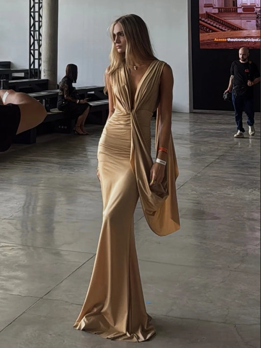 Ribbon Decoration Long Dresses Woman Ruched Elegant Deep V-Neck Sleeveless Backless Street Solid Basic Classic Vestidos