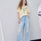 Cute Cartoon Doodle Print Striped T-Shirt, Crew Neck Oversized Casual Tee, Sweet Loose Top for Women