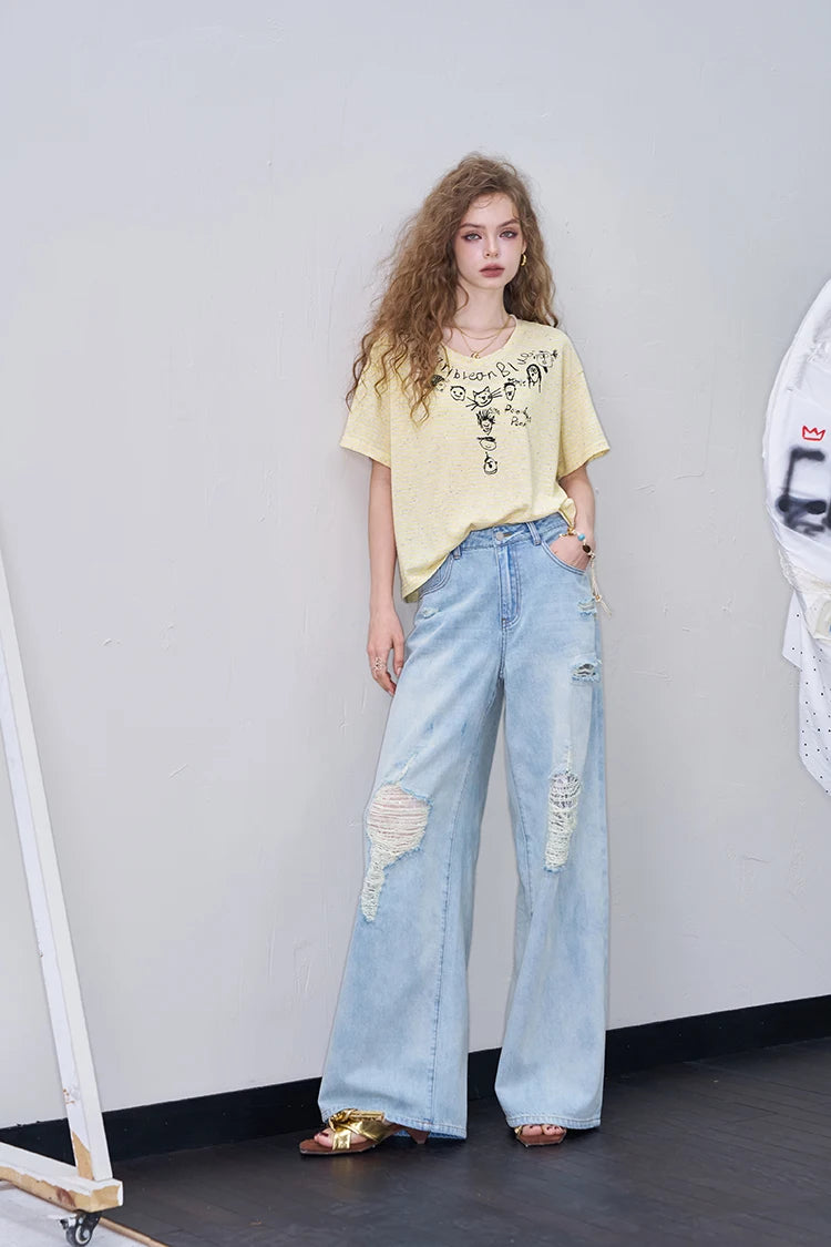 Cute Cartoon Doodle Print Striped T-Shirt, Crew Neck Oversized Casual Tee, Sweet Loose Top for Women