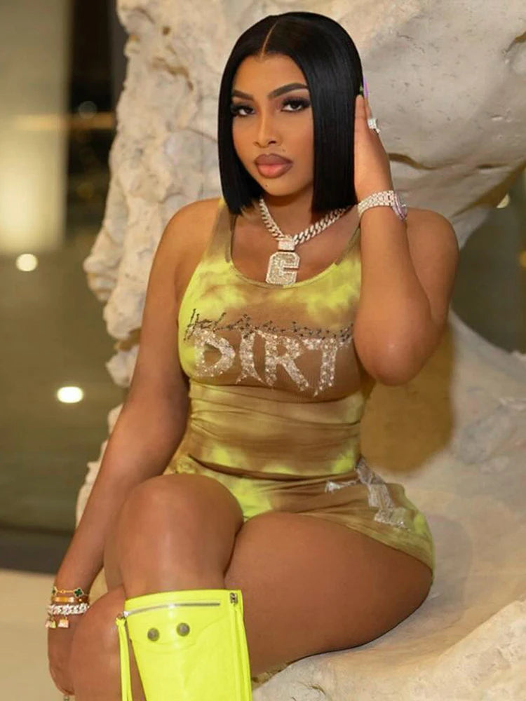 Rhinestones Letter 2 Piece Set Women Tracksuit Casual Ribbed Tank Tops+Bike Shorts Matching Skinny Street Outfits