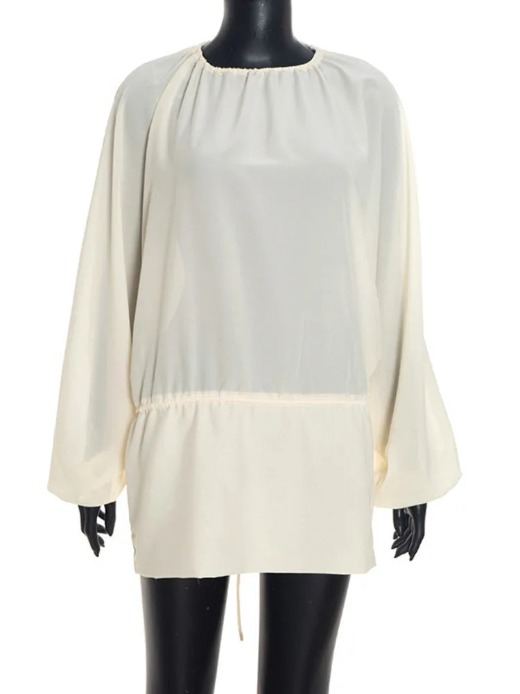 Women Blouse Sexy Mini Dress Loose Lantern Long Sleeve Round Neck Pleated Backless Dress Casual Party Beach Outfits