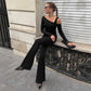 Two Piece Woman Set One Shoulder Long Sleeve Asymmetrical Top and Flare Pants All Black Outfits Sexy