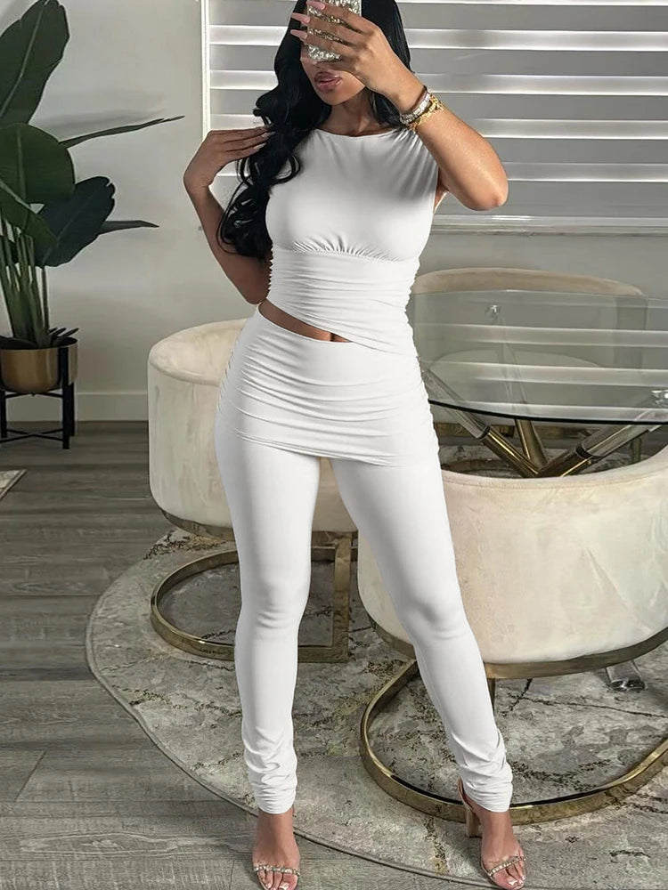 Daily Casual 2 Piece Set Women Ruched o-Neck Sleeveless Crop Tops+Skinny Long Pants Street Solid Simple Fashion Suits