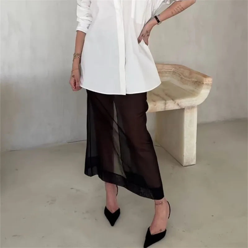 Women Minimalist Sheer Mesh Layering Midi Skirt Transparent See-Through Trimmed Hem Versatile Overlay Skirt CasualOffice
