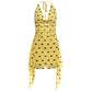 Backless Mesh Dress Women Sexy Polka Dot Print Swing Collar Halter Irregular Hem Fashion Vacation Party Club Bodycon