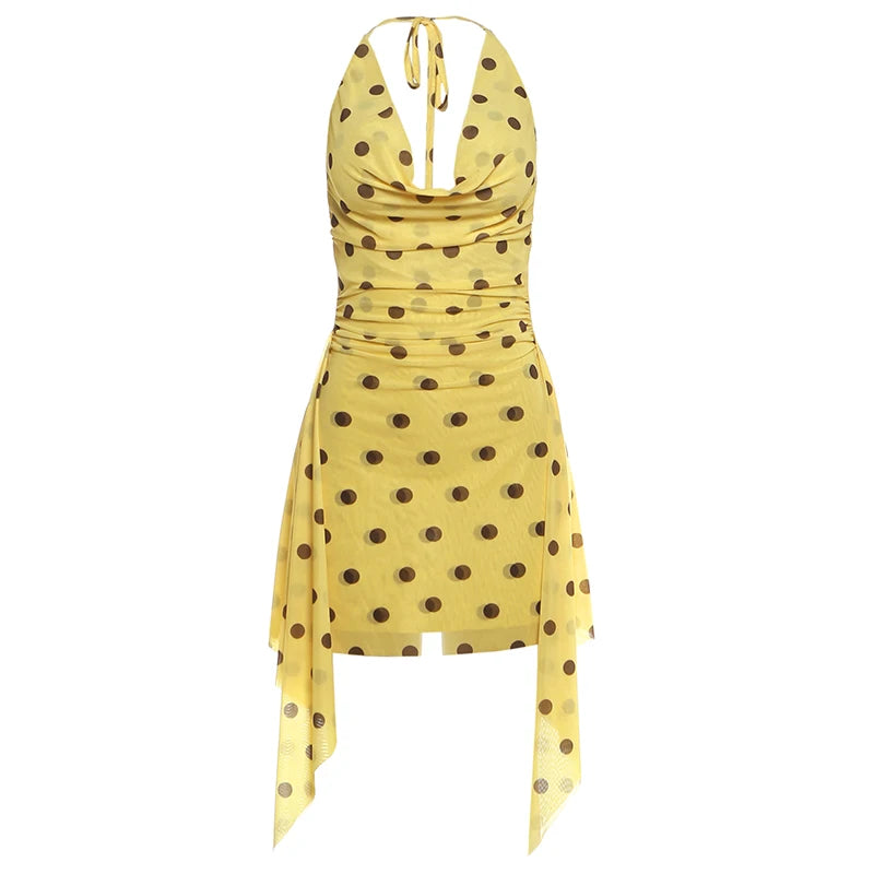 Backless Mesh Dress Women Sexy Polka Dot Print Swing Collar Halter Irregular Hem Fashion Vacation Party Club Bodycon