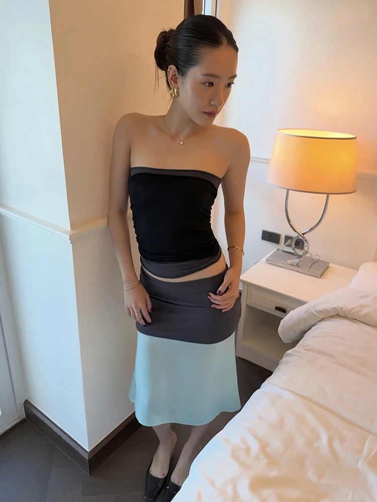 Color Blocking Patchwork 2-Piece Set Women Wrap Chest Simple Tank Tops+Classic Long Skirt Skinny Elegant Stretch Suit
