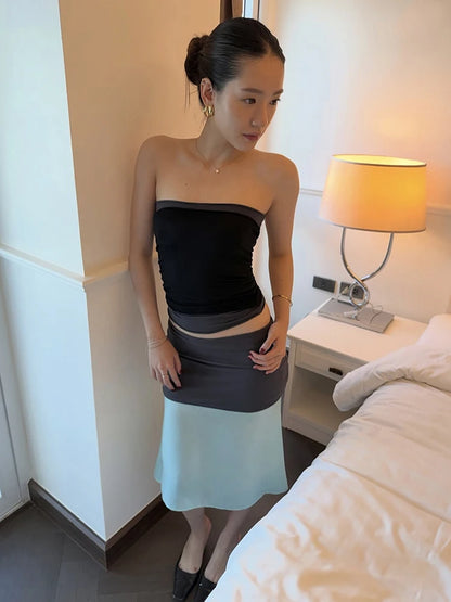 Color Blocking Patchwork 2-Piece Set Women Wrap Chest Simple Tank Tops+Classic Long Skirt Skinny Elegant Stretch Suit