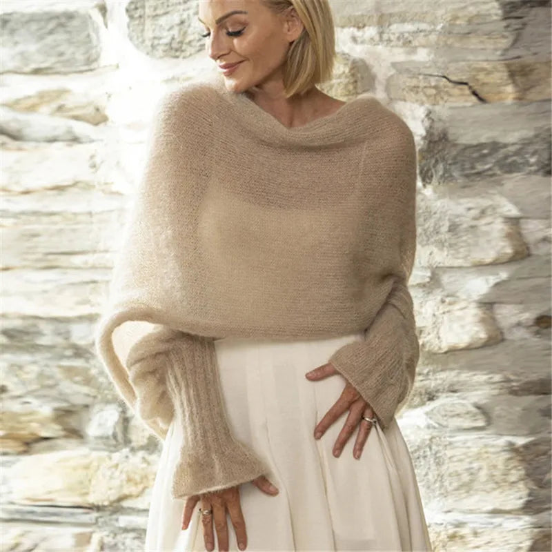 Women Loose Mohair Knitted Sweater Draped Off Shoulder Flare Sleeve Sheer Knit Jumper Cross Wrap Back Winter Pullover