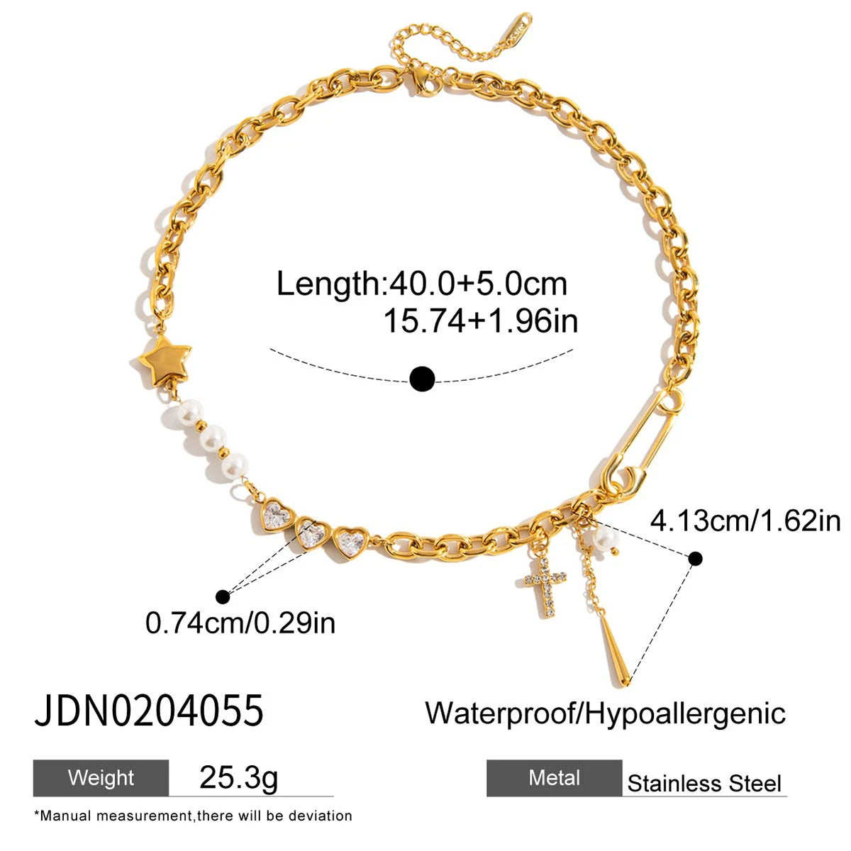 Y2K Patchwork Chain Design Stainless Steel Necklace Paperclip + Glossy Pentagram Cross with Zirconia Pendant Necklace