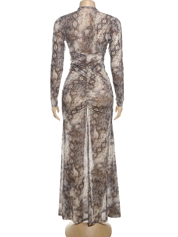 See Through Cross Knot Dress Women Coquette Hollow Serpentine Full Sleeve Split Ruched Off Shoulder Midnight Bodycon