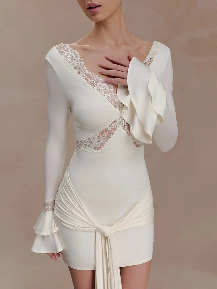 Slinky Lace Long Sleeve Sexy Mini Dress Women Elegant  Cut-out V Neck Backless Bodycon Club Party Dress Female Clothes