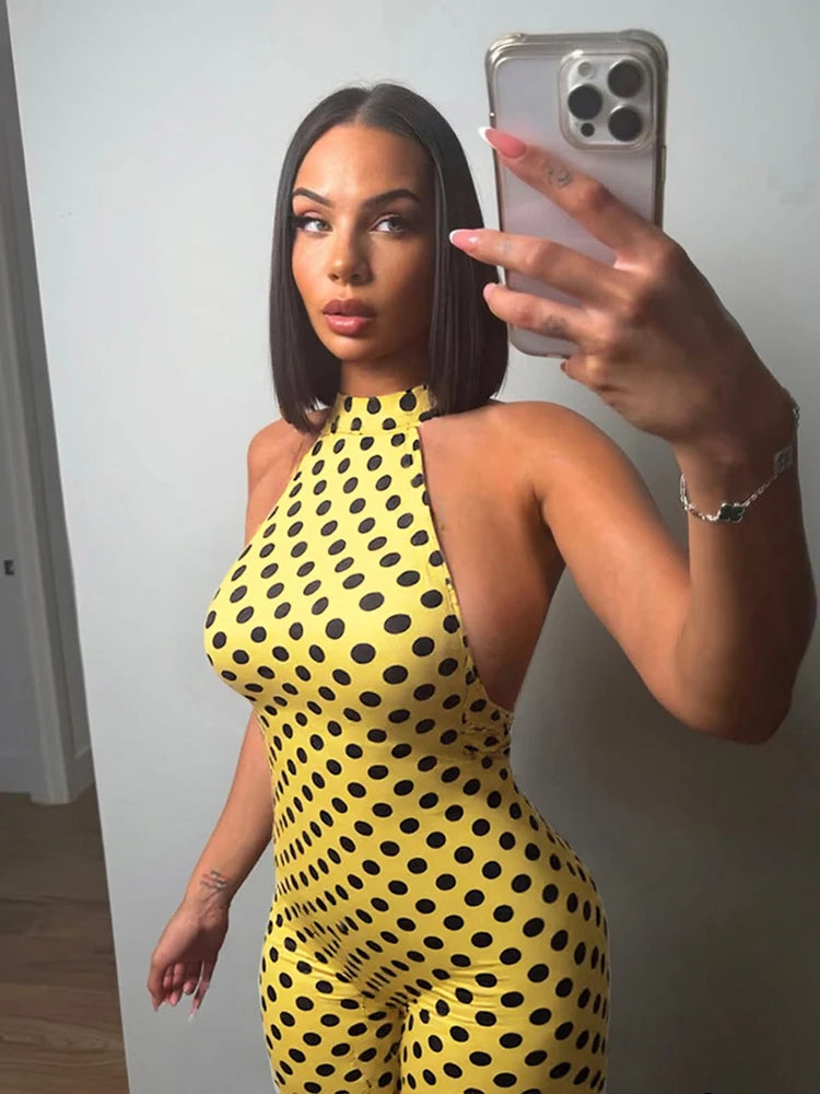 Dot Print Romper Women Y2K Backless Halter Bandage Fit Tight Stretch Summer Sexy Hipster Activity Workout Playsuits