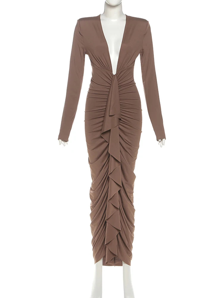 Ruched Ruffles Maxi Dress Deep V-Neck Full Sleeve Elegant Sexy Stretch Skinny Birthday Evening Cocktail Party Bodycon