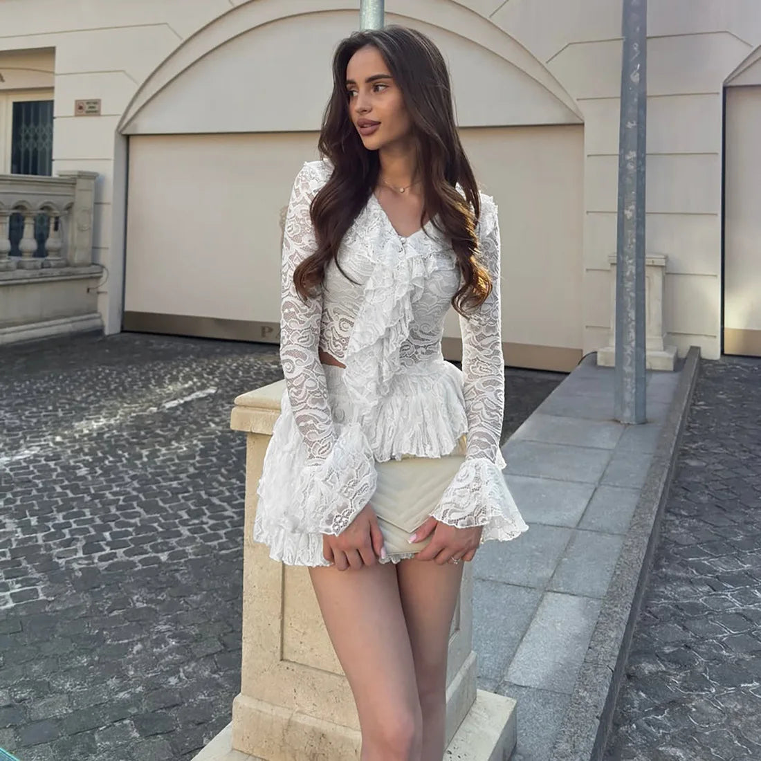 Ruched Elegant 2 Piece Set Women Jacquard V-Neck Ruffles Ribbon Flared Sleeve Tops+Tierred Skirts Y2K Style Outfits