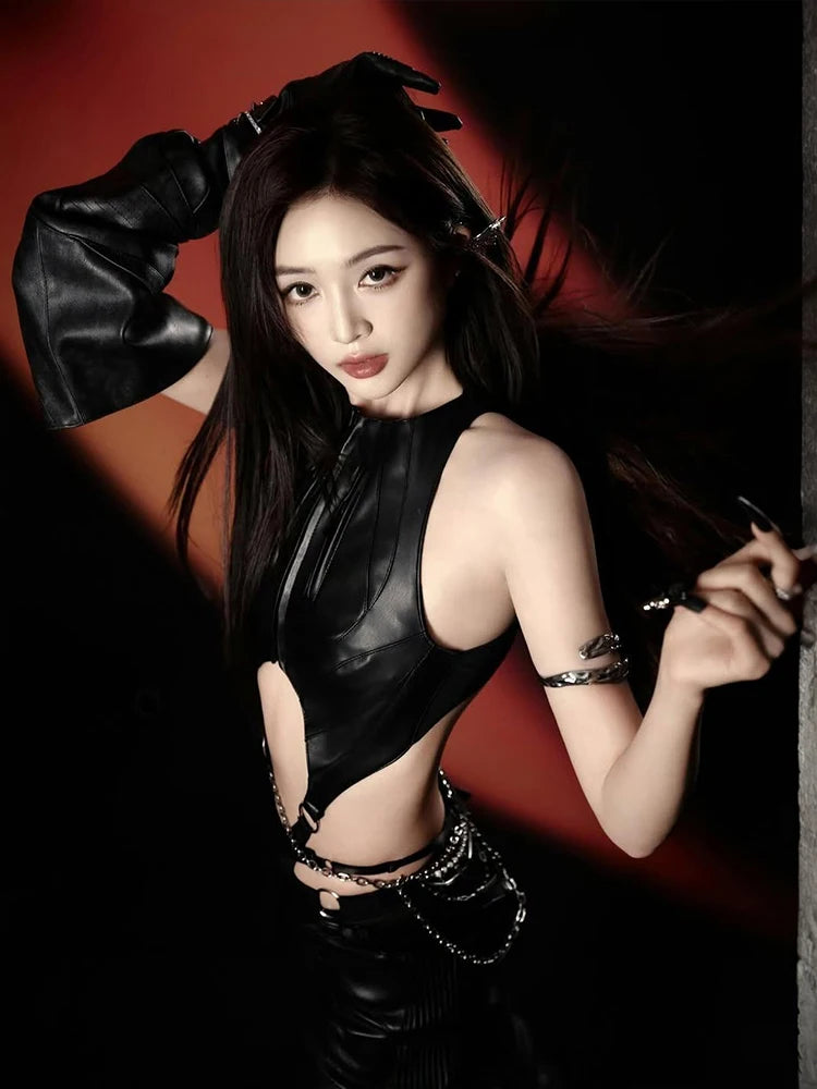 Zipper Sexy Bodysuit Women Faux Leather Patchwork Hollow Sleeveless o-Neck Waistless Midnight Music Festival Outfits