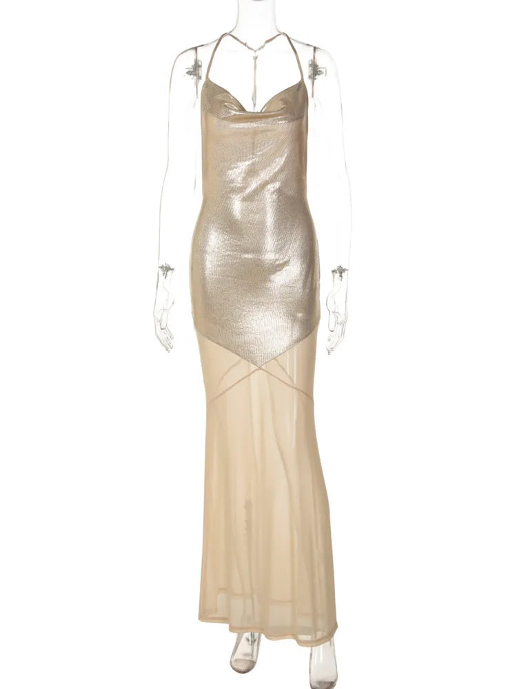 Silver Metallic Sexy Maxi Dress Women Elegant Spaghetti Strap Sleeveless Backless Bodycon Mesh Mermaid Party Long Dress