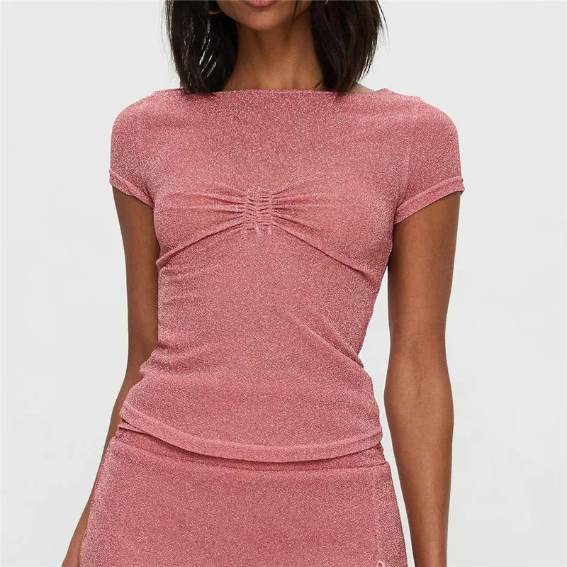 Women's Glitter Lurex Sparkly Crop Top Boat Neck Short Sleeve Ruched Bust Slim Fit for Nightclub and Party Events