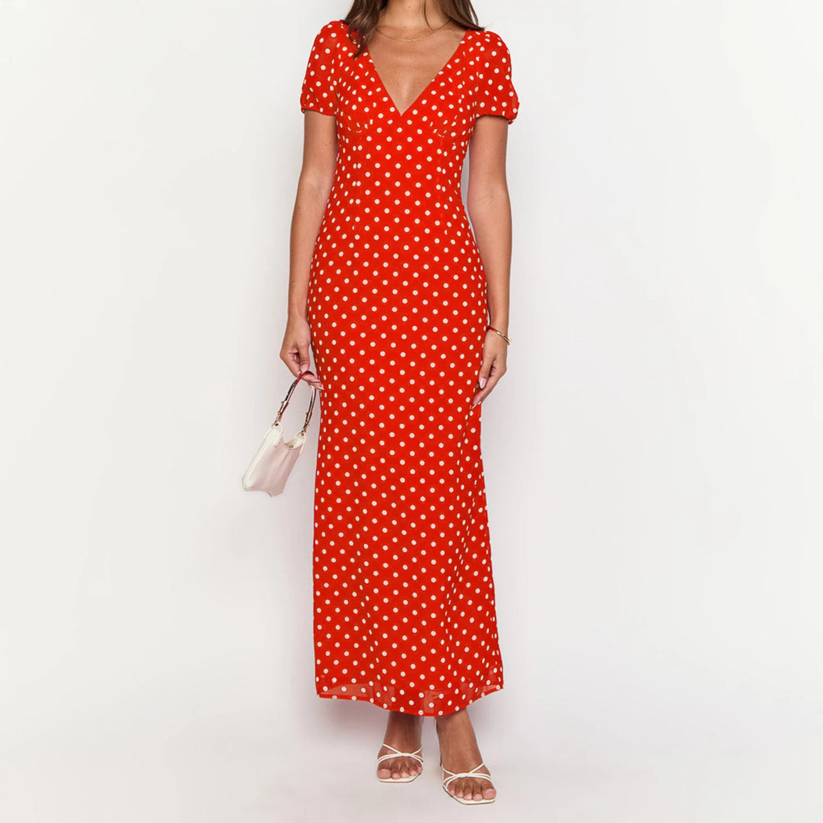 Women Summer Slim Long Dress Fashion Red Short Sleeve Deep V Neck Dot Print Party Dresses Holiday Beachwear