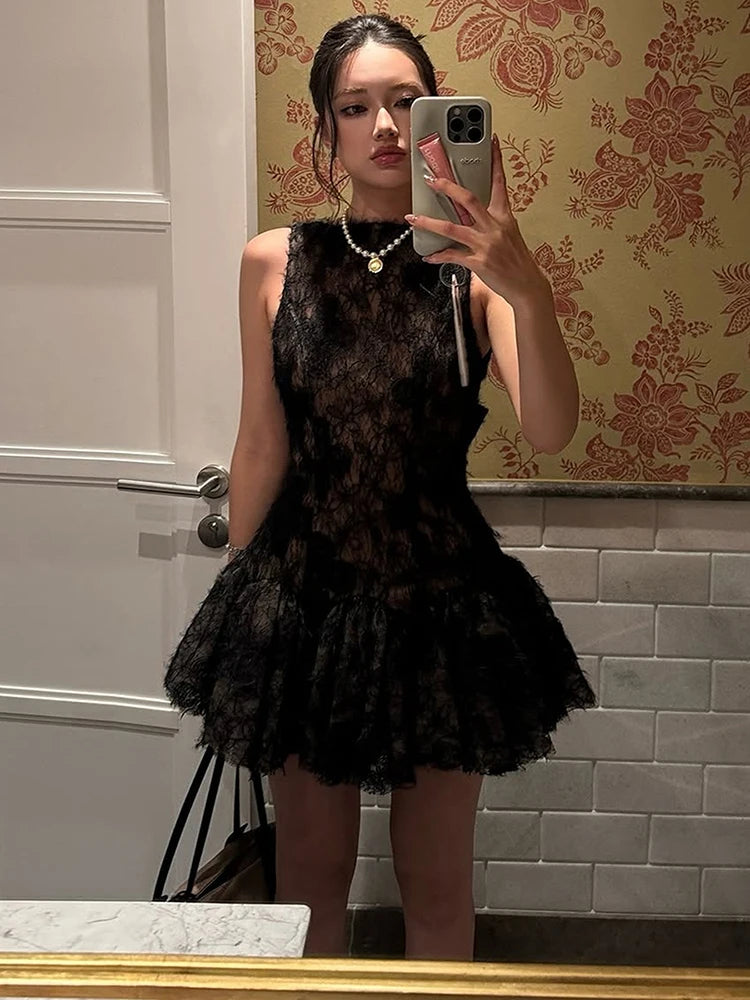 Backless Sexy Jacquard Tassel Dress Women Sweet Bow Sleeveless Patchwork Tierred Fashion Chic Party Club Mini Bodycon