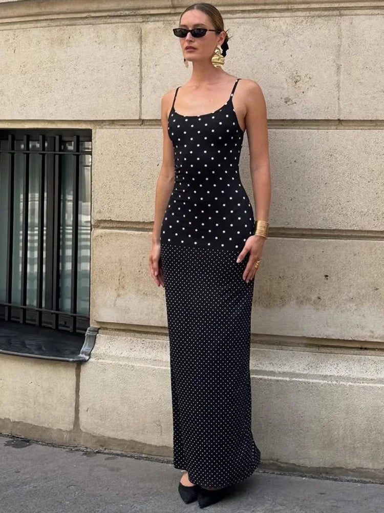 Polka Dot Slip Dress White Black French Style Elegant Sleeveless Backless Long Maxi Dresses for Woman