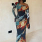 Colorful Print Dress Women Fashion Trend Skew Collar Puff Sleeve Stretch Elegant Vacation Party Club Long Bodycon