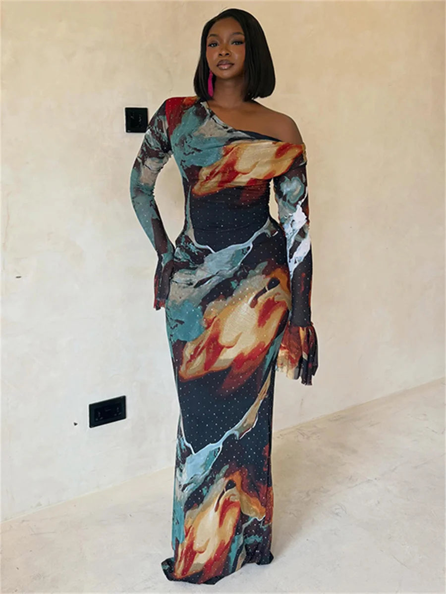 Colorful Print Dress Women Fashion Trend Skew Collar Puff Sleeve Stretch Elegant Vacation Party Club Long Bodycon