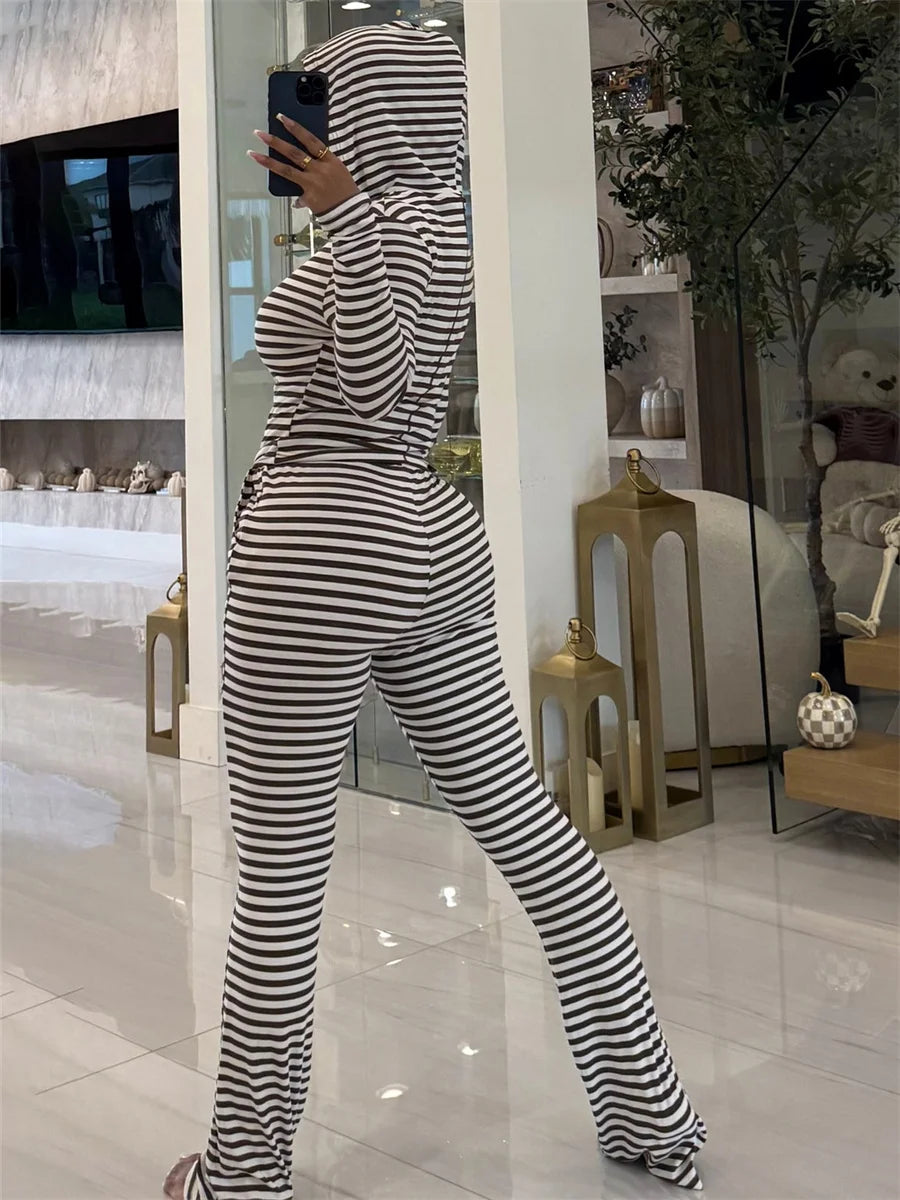 Striped Print 2 Piece Set Women Trend Hooded Full Sleeve T-Shirt+Drawstring Pants Fashion Casuals Street Sporty Suits