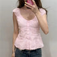 Womens Summer Button Down Blouses Shirt Stylish Vertical Pleats Slim Fit Scoop Neck Cap Sleeve Tops Y2K Fairy Streetwear