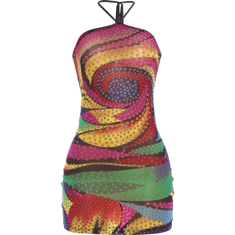 Sexy Backless Mini Dress Woman Colorful Print Lace-Up Halter Off Shoulder Skinny Wrap Hip Midnight Club Party Bodycon