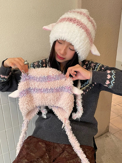Y2K Sweet Macaron Goat Ear Pom Pom Beanie For Women