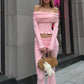 Street 2Piece Set Woman Autumn Slash Neck Backless Crop Tops+Ruched Elastic Waist Long Pants Elegant Casual Fashion Suits