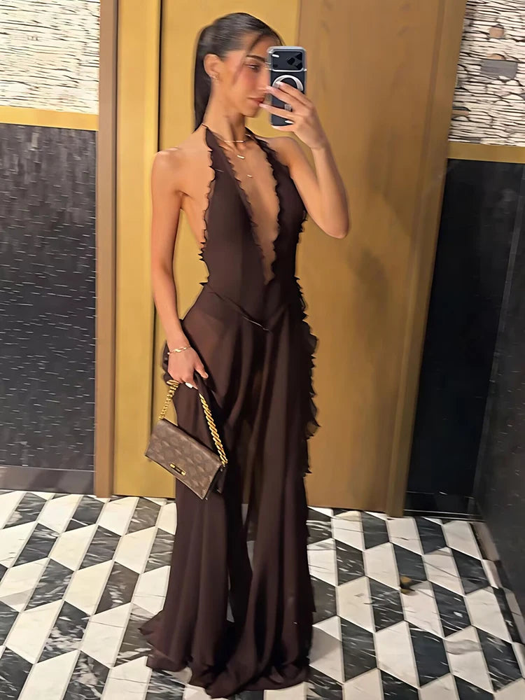 Halter Deep V Neck Backless Sexy Maxi Dress Women Elegant Off-shoulder Sleeveless High Split Club Party Long Dress