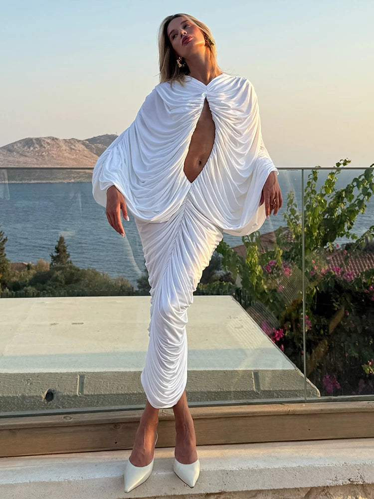 Hollow Ruched Patchwork Dress Peach Buttocks Bat Sleeves Chic Hipster Autumn Hipster Clubwear Skinny Stretch Vestidos