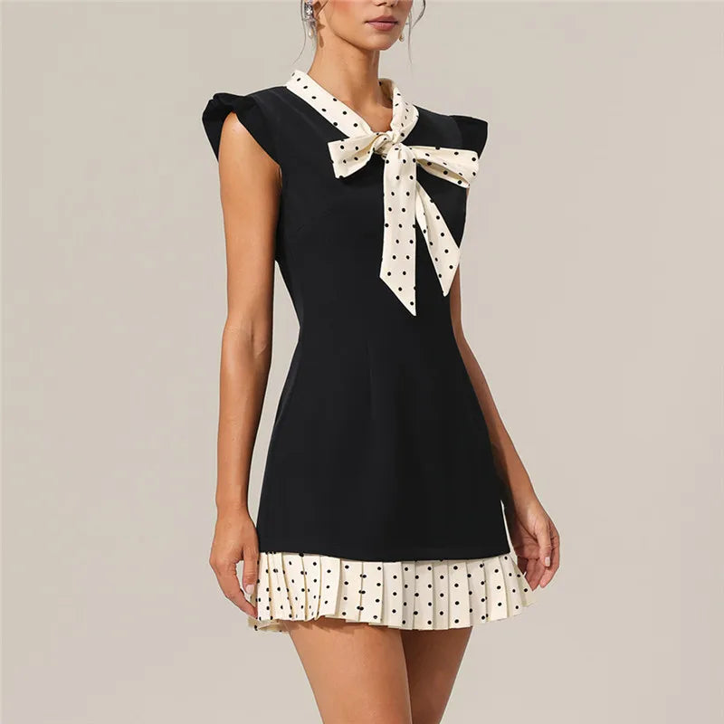 Women's Y2K Dots Print Patchwork Mini Dress Summer Fashion Flying Sleeve Bow Tie Neck Pleated Hem Short Dress