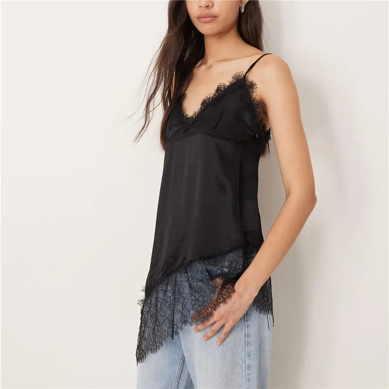 Womens Satin Camisole Tops Stylish Solid Color Lace Trimmed Asymmetric Cut Sleeveless Spaghetti Strap Vest Summer Street