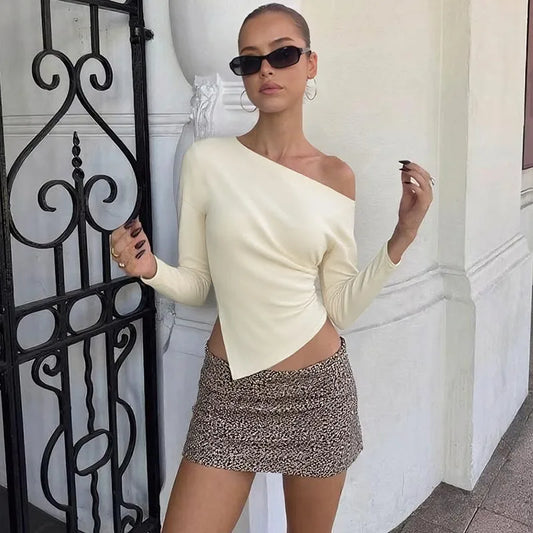 Fashion Asymmetrical Tops Solid Color One Shoulder Split Long Sleeve T Shirts for Woman Clothing Fall