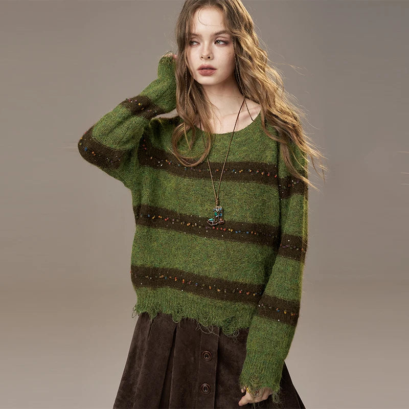 Cute Casual Knit Color Accent V Neck Loose Cardigan Sweater for Women