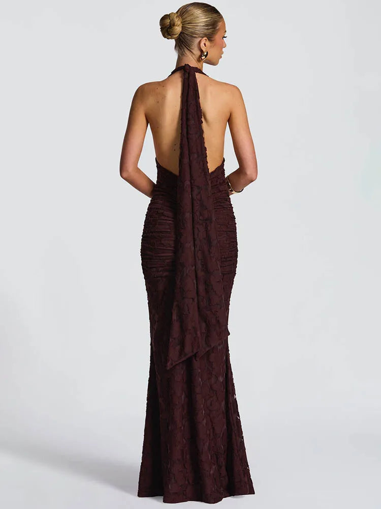 Halter Deep V Neck Sexy Maxi Dress Women Gown Fashion Sleeveless Backless Draped Ruched Club Party Long Dress Female