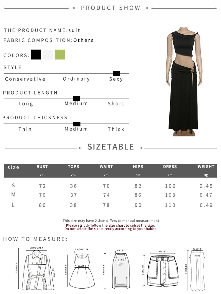 Sexy Y2K Women 2 Piece Set Elegant Skew Collar Crop Tops+Pleated Metal Buckle Maxi Skirts Party Midnight Clubwear