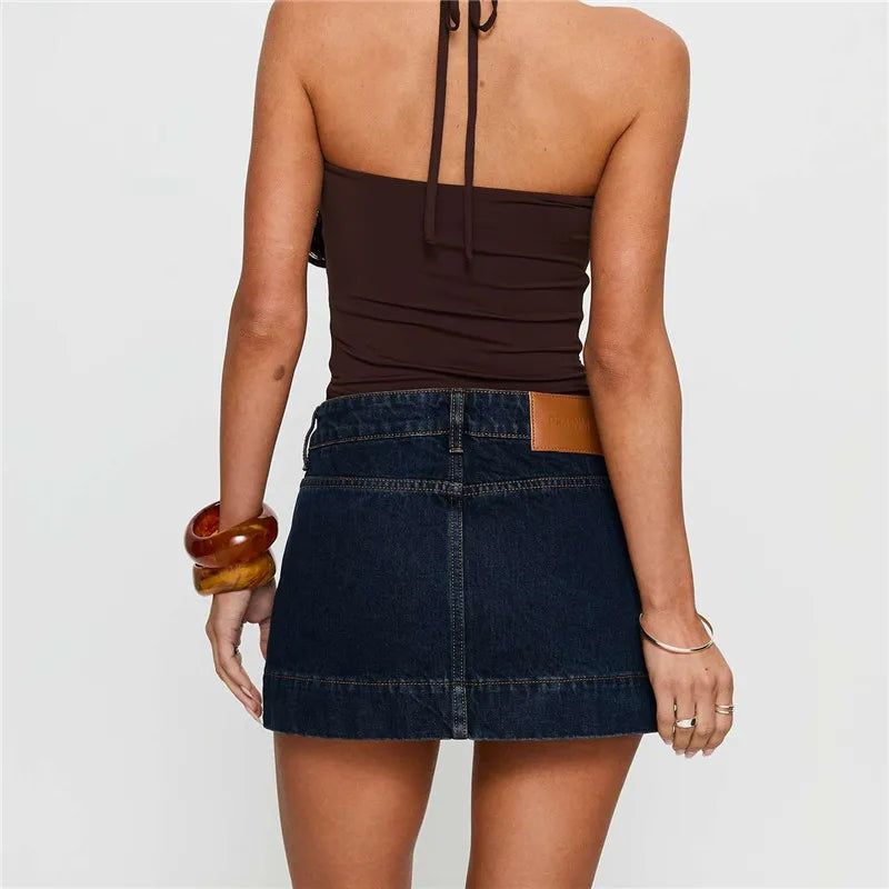Retro Washed Micro Denim Skirt Ladies Low Rise Contrast Seam Hem Slim Fit High Cut Short Jean Skirt Concert Party Bottom