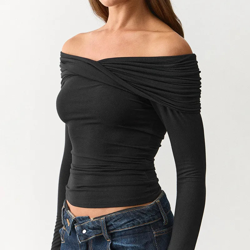 French Coquette Off Shoulder Twist Top For Women Long Sleeve Slim Ruched Basic Tee Casual Daily Going Out Blouse Top
