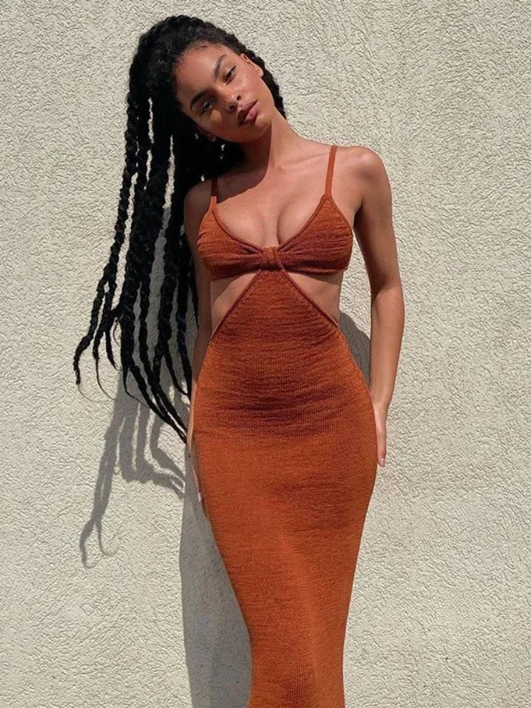 Vacation Knitted Maxi Dresses for Women Summer 2023 Elegant Sexy Party Cut Out Backless Bodycon Dress