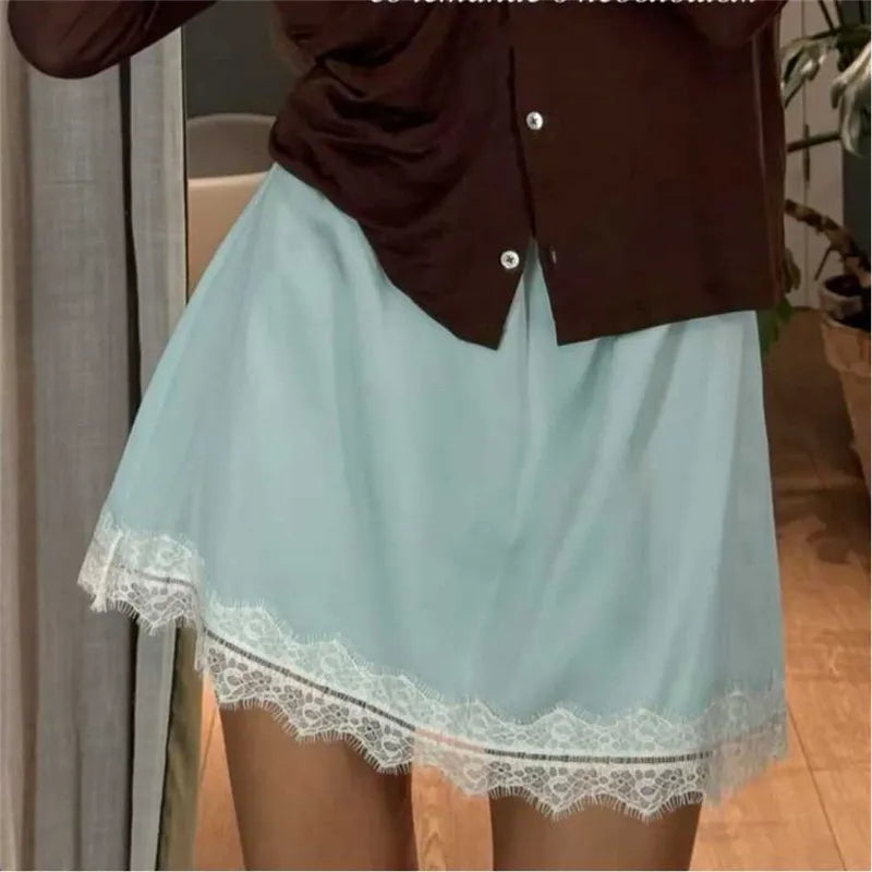 Summer French Women Satin Pajama Skirts Bottoms Lace Trim Silk Lounge Skirts High Elastic Waist Y2K Vintage Streetwear